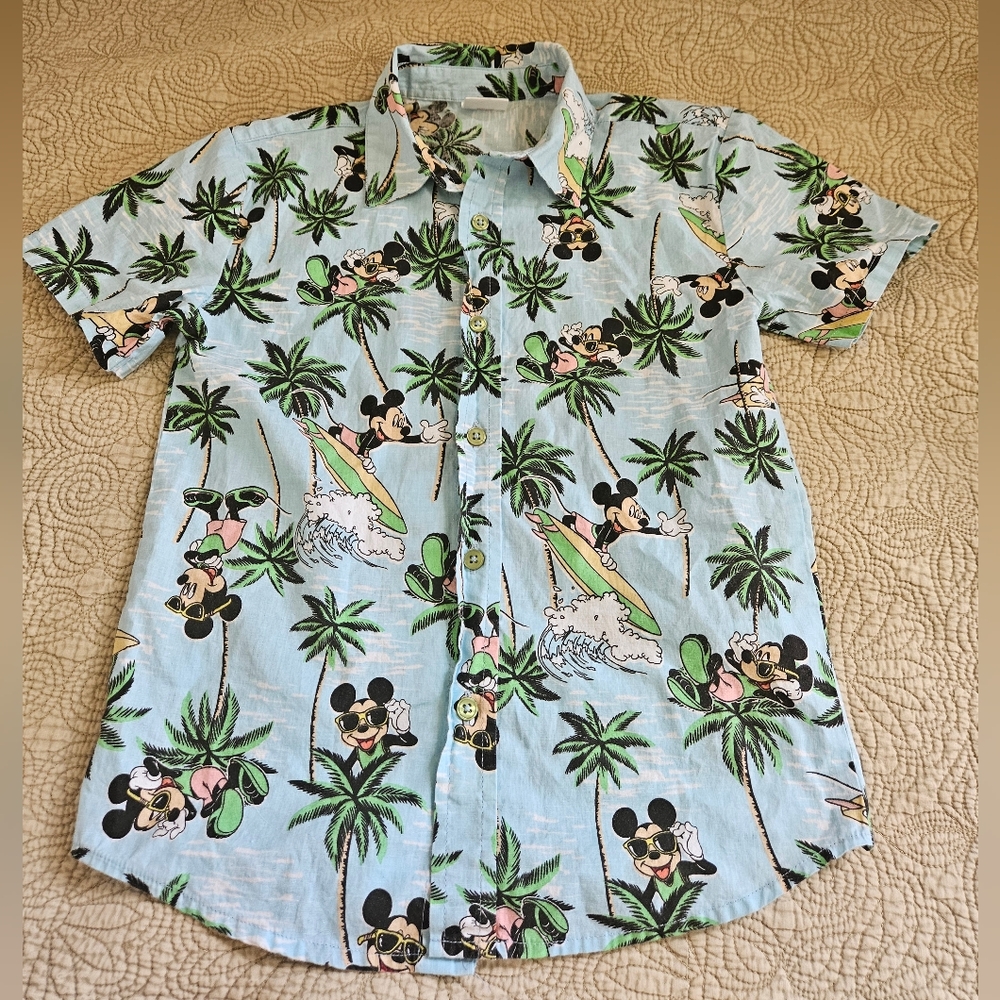 Disney Light Blue Hawaiian Mickey Mouse Button-Down Shirt